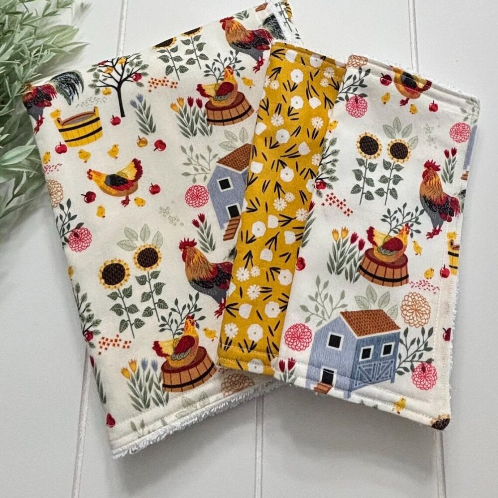 Chicken Rooster Sunflower Farmhouse Dish Drying Mat and Dishcloth Set